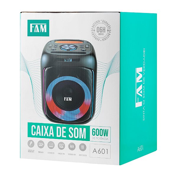 Caixa de Som Portátil, Bluetooth 5.2, Luz de LED, Rádio FM, marca FAM modelo A601, potência 40W RMS.