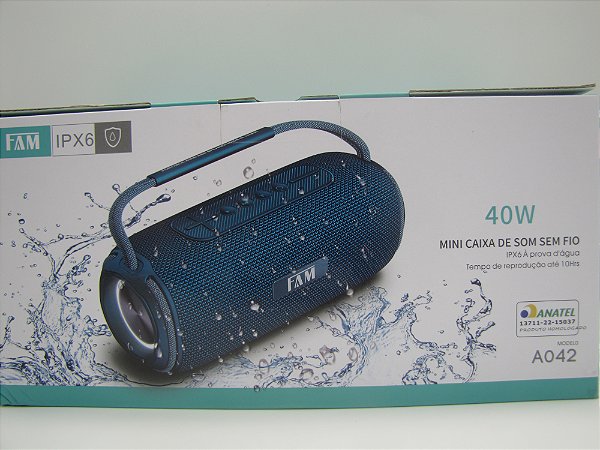 Caixa de Som Portátil, Bluetooth 5.0 Ipx6, Luz de LED, marca FAM modelo A042, potência 40W.