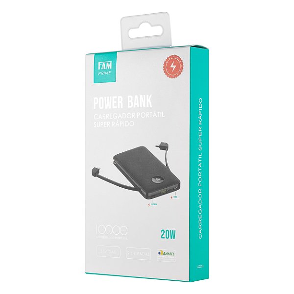 Carregador Portátil (Power Bank) 10000mAh, FAST CHARGE, Marca FAM, modelo L10051