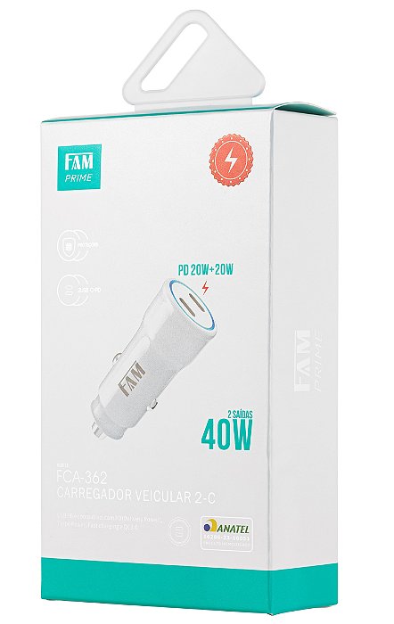 Carregador Veicular para Celular 2x20W, marca FAM, modelo FCA-362.