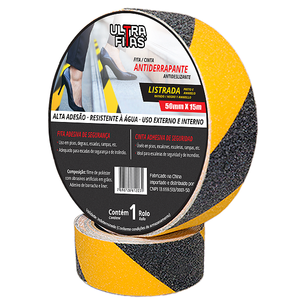 Faixa Fita Lixa Antiderrapante Adesiva 50mm X 15 metros - Listrada Zebrada (Amarela e Preta)