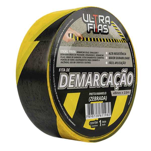 Fita Demarcação de Solo PVC 48 mm X 15 Metros - Listrada/Zebrada (Amarela e Preta)