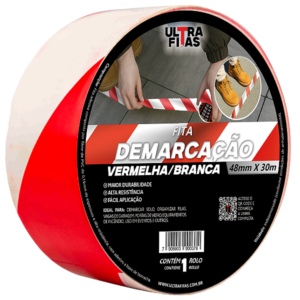 Fita Demarcação de Solo PVC 48 mm X 30 Metros - Listrada Zebrada (Branca e Vermelha)