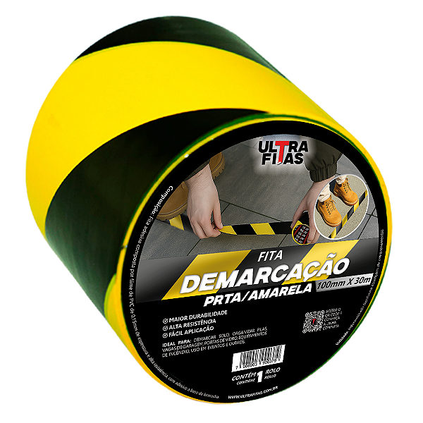 Fita Demarcação de Solo PVC 100 mm X 30 Metros - Listrada (Amarela e Preta)