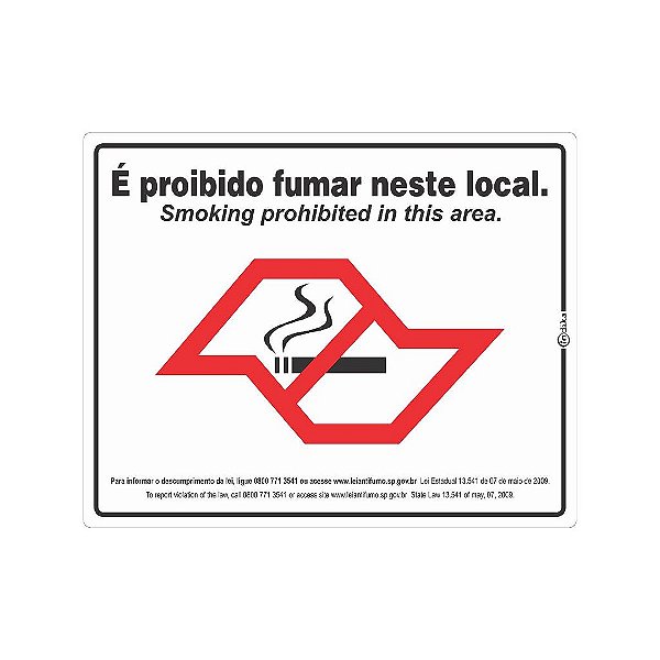 Placa Sinalização 20x25cm - Lei Antifumo Inglês SP  Autoadesiva