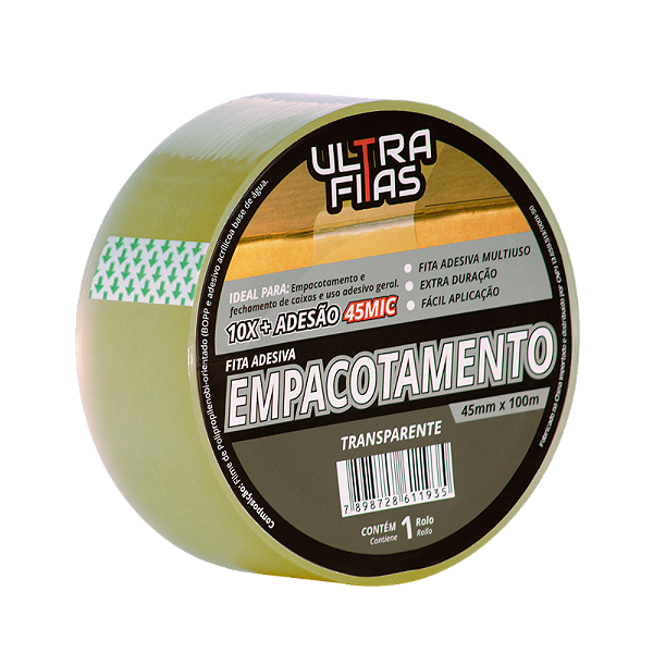 Fita Adesiva Acrilica Empacotamento 45 mm X 100 Metros - Transparente