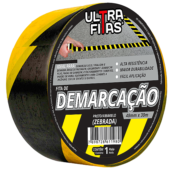 Fita Demarcação Solo PVC 48 mm X 30 Metros - Listrada Zebrada (Amarela e Preta)