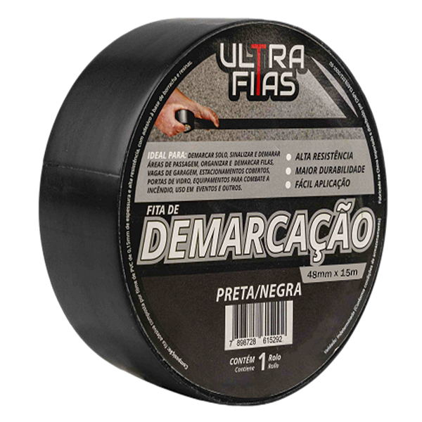 Fita Demarcação de Solo PVC 48 mm X 15 Metros - Preta
