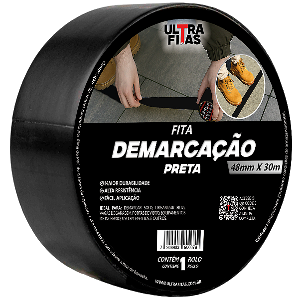 Fita Demarcação de Solo PVC 48 mm X 30 Metros - Preta