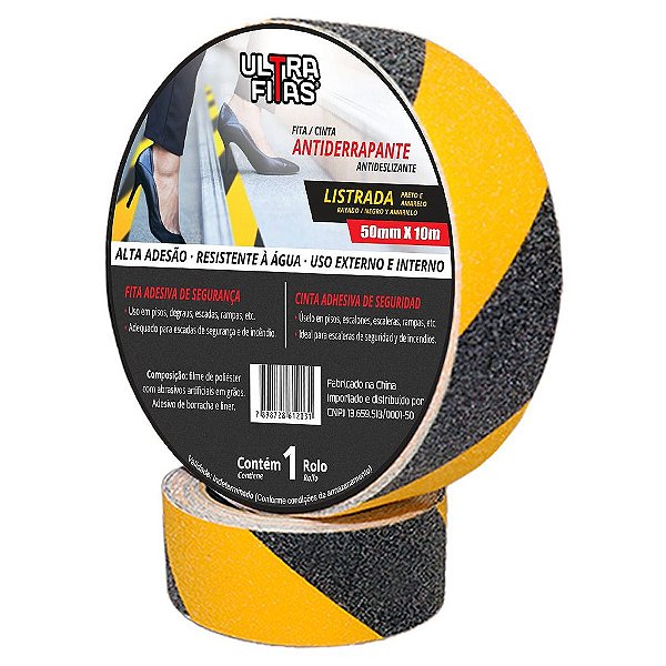 Faixa Fita Lixa Antiderrapante Adesiva 50mm X 10 metros - Listrada Zebrada (Amarela e Preta)