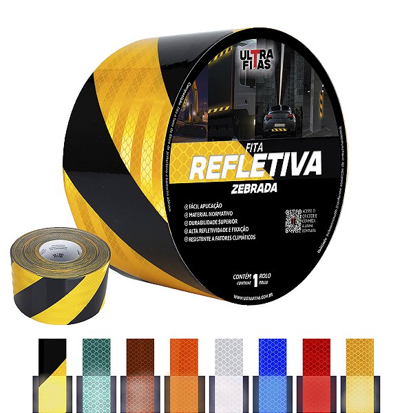 Fita Adesiva Refletiva Prismática Auto 100 mm X 01 Metro - Listrada (Amarela e Preta)