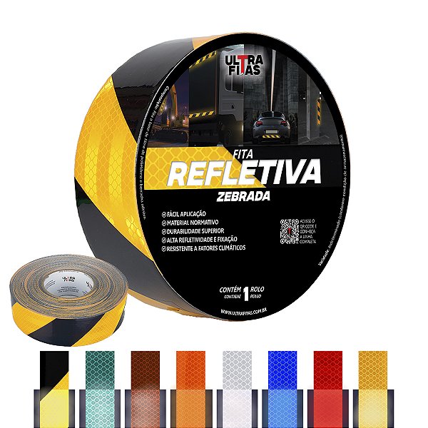 Fita Adesiva Refletiva Prismática Auto 50 mm X 30 Metros - Listrada (Amarela e Preta)