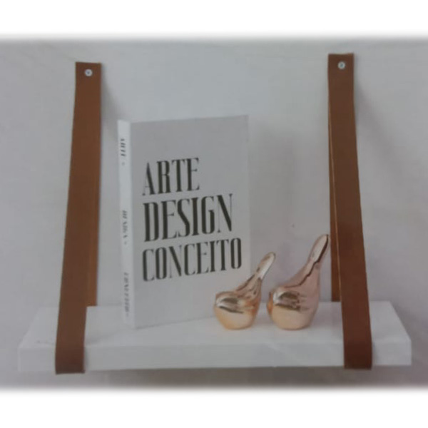 Prateleira Branca Com Alça de Couro de Parede 60 x 15 x 2,5 cm