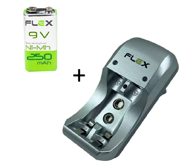 Bateria 9V Regarregável + Carregador de Baterias Flex