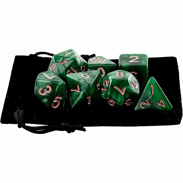 Kit Bolsa 7 Dados Rpg Boardgames Acrílico Verde Marmorizado