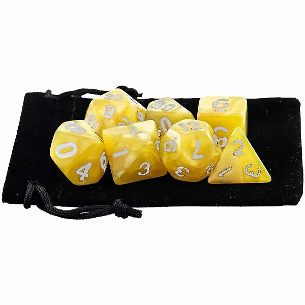 Kit Bolsa 7 Dados Rpg Boardgames Acrílico Amarelo Perolado