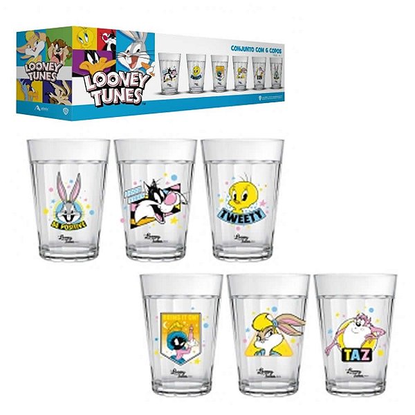 Kit Copos Vidro Prime 6 Personagens Looney Tunes 190ml