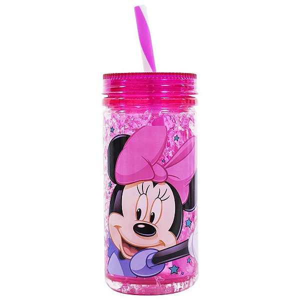 Copo Congelante Canudo Rosa Minnie Friends Disney 350ml