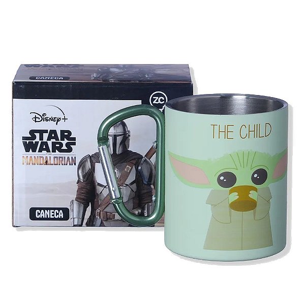 Caneca Metal Mosquetão Baby Yoda Mandalorian Star Wars 300ml