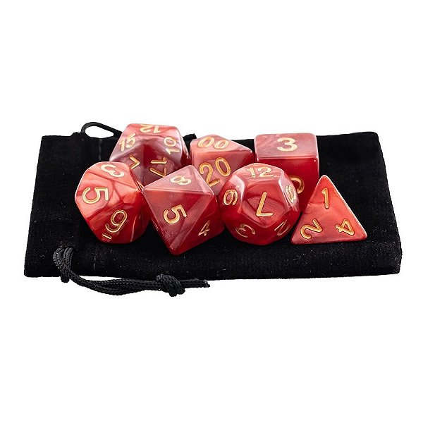 Kit Bolsa 7 Dados Rpg Boardgames Vermelho Royal Marmorizado