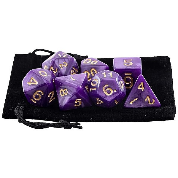 Kit Bolsa 7 Dados Rpg Boardgames Roxo Royal Marmorizado