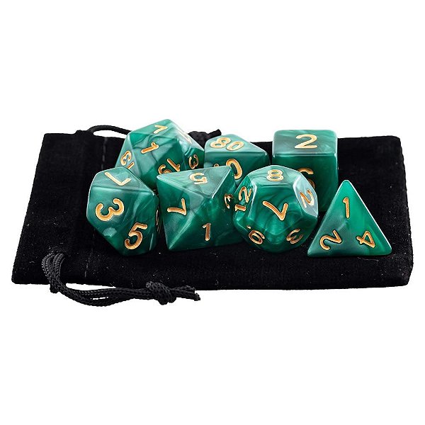 Kit Bolsa 7 Dados Rpg Boardgames Acrílico Verde Royal Marmorizado