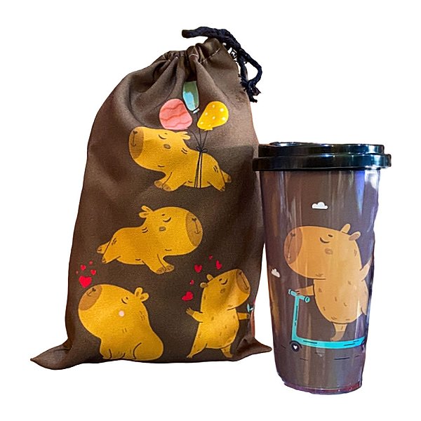 Copo Vida de Capivara - 480 ml, Acrílico com Tampa e Sacolinha Ilustrada