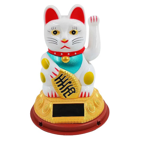 Gato da Sorte Branco Maneki Neko Youbai em Plástico com Bateria Solar 12,5 cm