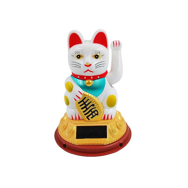 Gato da Sorte Branco Maneki Neko Youbai em Plástico com Bateria Solar 10 cm