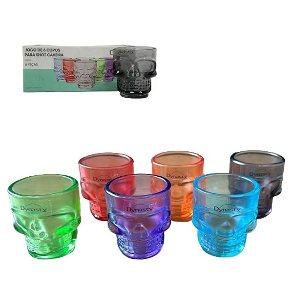 Jogo de 06 Copos Shot Vidro Caveira Colorida 50ml
