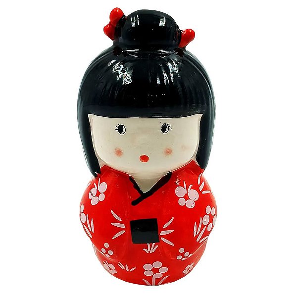 Boneca Gueixa Kokeshi de Porcelana Kimono Vermelho Coque Hashi 8cm