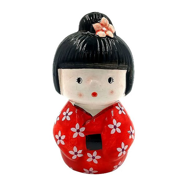 Boneca Gueixa Kokeshi de Porcelana Kimono Vermelho Coque Flor 8cm