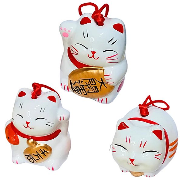 Sino do Vento Gato da Sorte e Fortuna Maneki Neko Decorativo em Porcelana