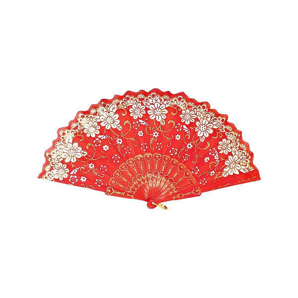 Leque Floral Vermelho com Glitter Dourado Estilo Gueixa para Feng Shui e Artes Marciais 23cm