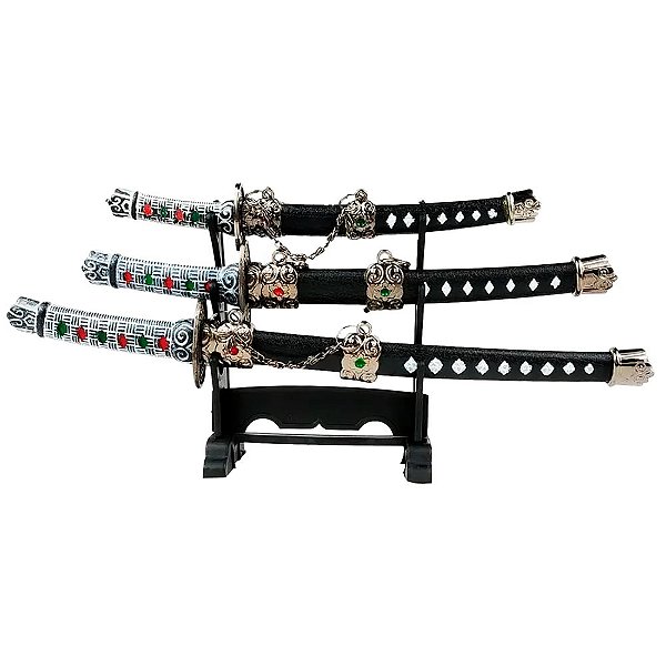 Conjunto Decorativo de Mini Katanas Samurai em Metal com Suporte para Exposição