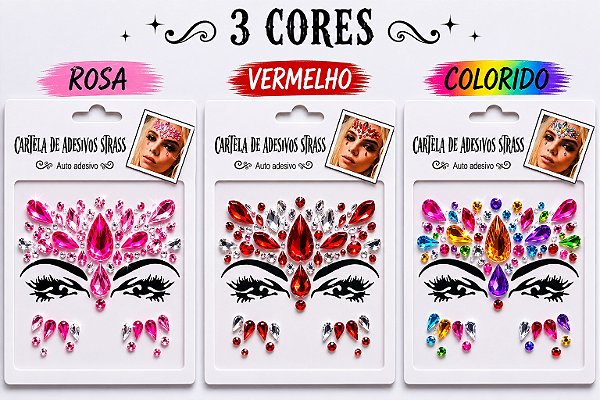 Strass Adesivos Autocolantes para o Rosto multicolorido