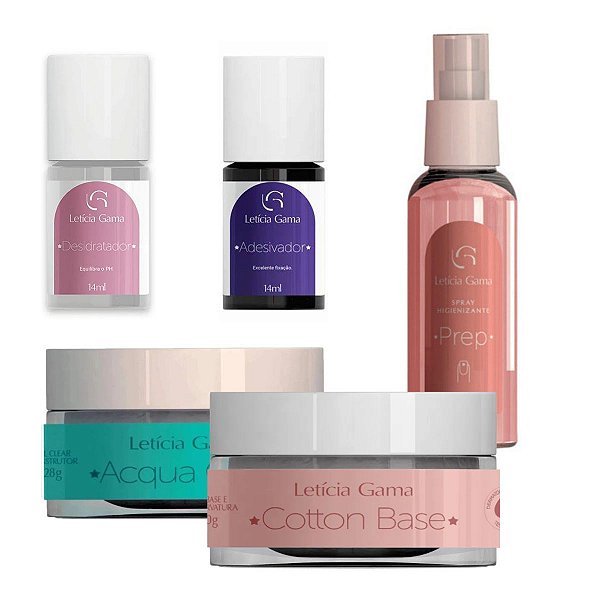 Kit Leticia Gama Gel Cotton Base + Gel Acqua Clear + Desidratador + Adesivador + Prep Spray Pitanga