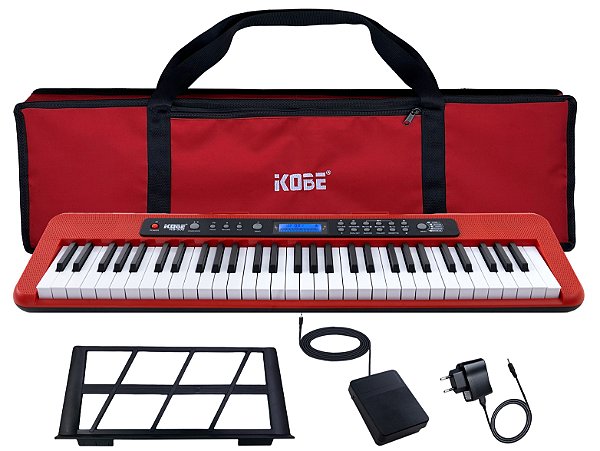 Kit Teclado Musical Iniciante Kobe KB-300 5/8 61 Teclas Sensitivas ao Toque com Pedal Sustain e Capa Vermelha