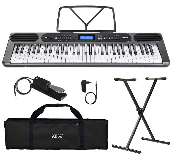 Kit Teclado Musical Kobe KB-400 5/8 61 Teclas com Sensibilidade Conexão MDI - Completo