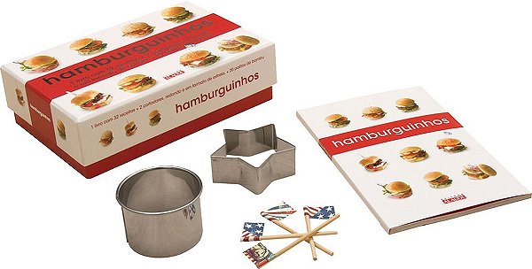 Livro Hamburguinhos - 1  com 32 receitas + 2 cortadores, redondo e em formato de estrela, + 20 palitos de bambu