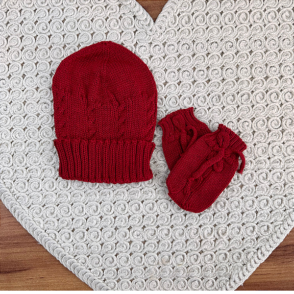 Kit Gorro com Luvas  Tricot Vermelho