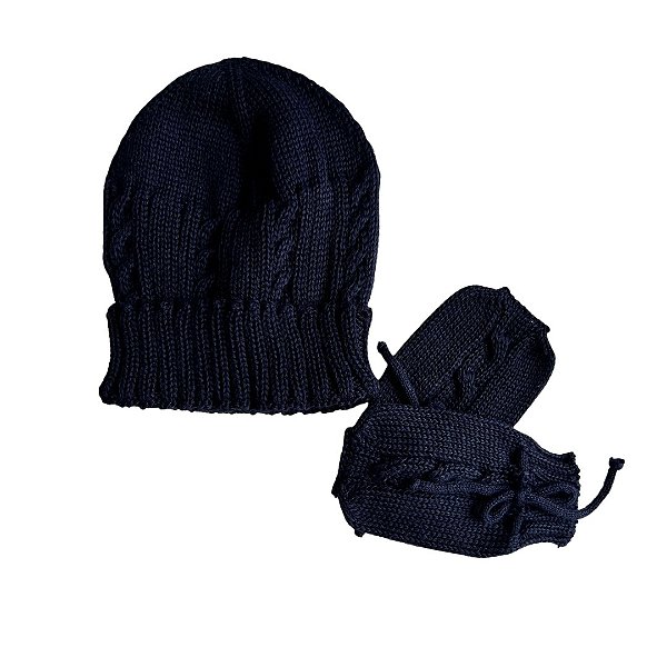 Kit Gorro com Luvas Tricot Azul Profundo