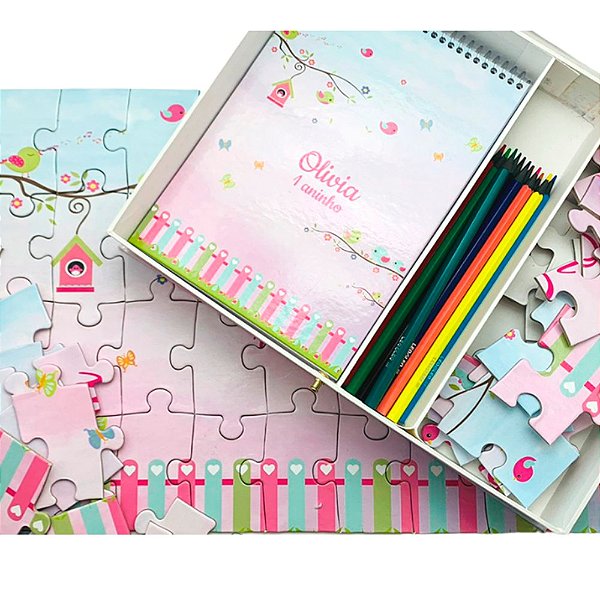 Caixa com Kit Quebra-Cabeça e Kit de Colorir