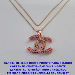 GARGANTILHA NO BRUTO PRONTO PARA O BANHO CORRENTE VENEZIANA 45CM - PINGENTE 2,5X2CM  ALTA FUSÃO( CRAVEJADO EM MICRO ZIRCONIAS - PESO 4.0GR - BRU5697