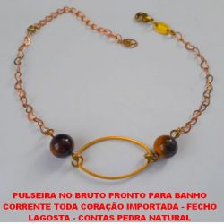 PULSEIRA NO BRUTO PRONTO PARA BANHO  CORRENTE TODA DE CORAÇÃO IMPORTADA - FECHO  LAGOSTA - CONTAS PEDRA NATURAL OLHO DE TIGRE DE 8MM -  TAMANHO 18CM - PESO 3,4GR - COM EXTENSOR -  BRU189