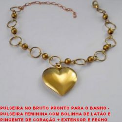 PULSEIRA NO BRUTO PRONTO PARA O BANHO -  PULSEIRA FEMININA COM BOLINHA DE LATÃO E  PINGENTE DE CORAÇÃO + EXTENSOR E FECHO  LAGOSTA - LARG. DA BOL. 5MM - TAMANHO 23,7CM -  PESO 6,8GR - BRU3249