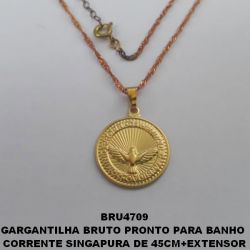 GARGANTILHA BRUTO PRONTO PARA O BANHO  CORRENTE SINGAPURA DE 45CM+EXTENSOR (2579)PINGENTE ESPIRITO SANTO C/ DIZERES 20MM PESO TOTAL 3.7GR - BRU4709