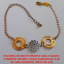 PULSEIRA NO BRUTO PRONTO PARA O BANHO CORRENTE GRUMET LONGA DIAMANTADA 0,60 (M-164D) PINGENTE TREVO DE 2CM - 18CM + EXTENSOR PESO 2,9GR - BRU927