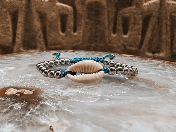 Pulseira Azul-Marinho com Búzio Natural