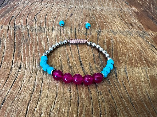 Pulseira Pedra Natural Fúcsia com Azul